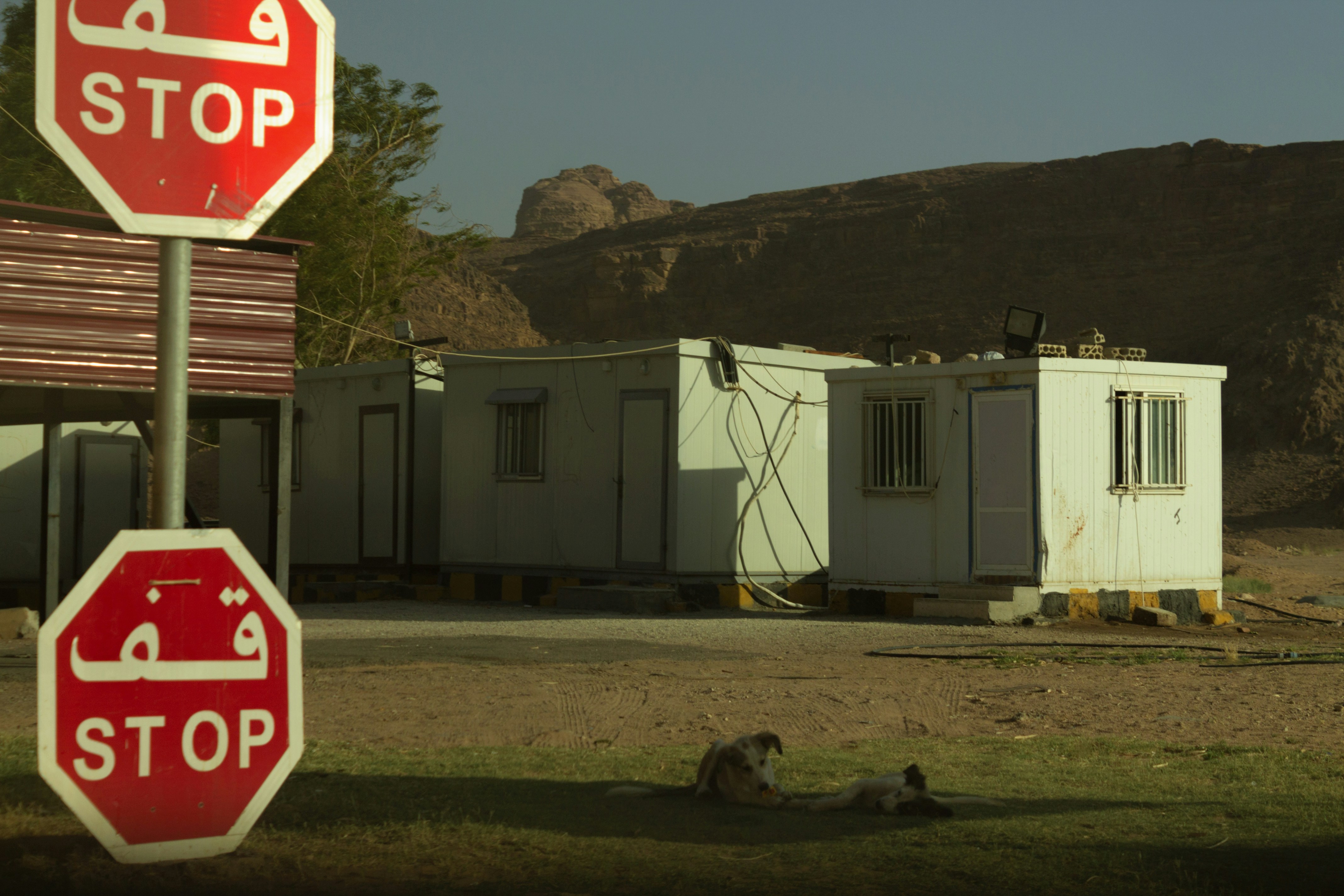a stop sign next to a building