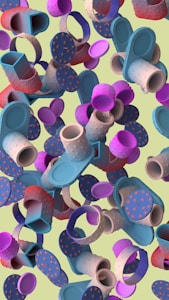 A chaotic arrangement of colorful 3D geometric shapes with various textures, including cylinders, rings, and spheres. These objects are covered with small star-like patterns and are interlocking in a playful fashion against a pale green background.