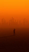 A lone figure cloaked in shadows standing at the edge of a glowing alien cityscape.