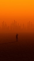 A striking digital artwork of a lone man standing defiantly against a dark, stormy cityscape.