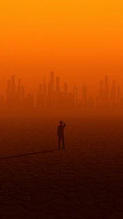 A lone figure standing on a desolate rooftop, overlooking ruins bathed in twilight.