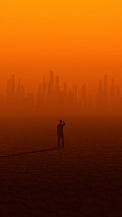 A dramatic illustration of a lone figure standing on a rooftop, overlooking a devastated city at sunset.