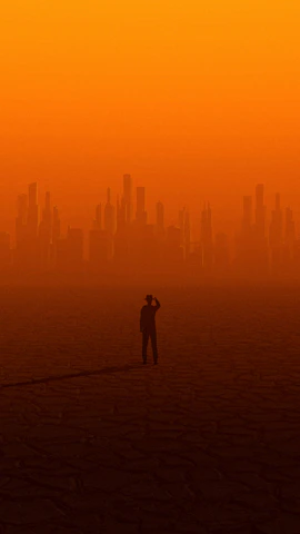 A lone figure cloaked in shadows standing at the edge of a glowing alien cityscape.