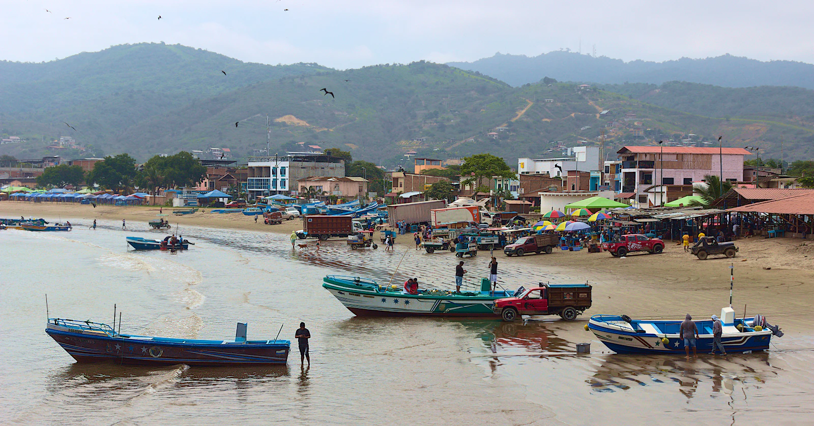 Fishing boats at anchor in the bay of Puerto López, Ecuador