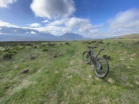 A mountain bike stands on a grassy trail that extends towards a distant range of mountains under a partly cloudy sky. The scene captures a sense of openness and adventure, with lush greenery and rugged terrain.