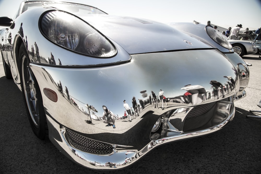 a shiny silver sports car