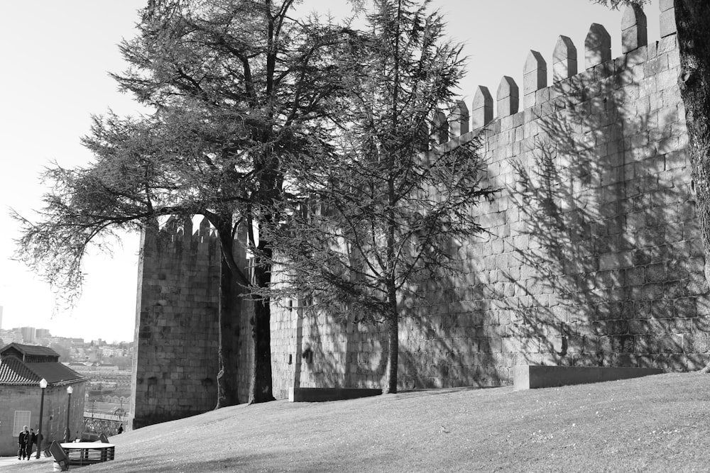 a stone building with a tree in front of it