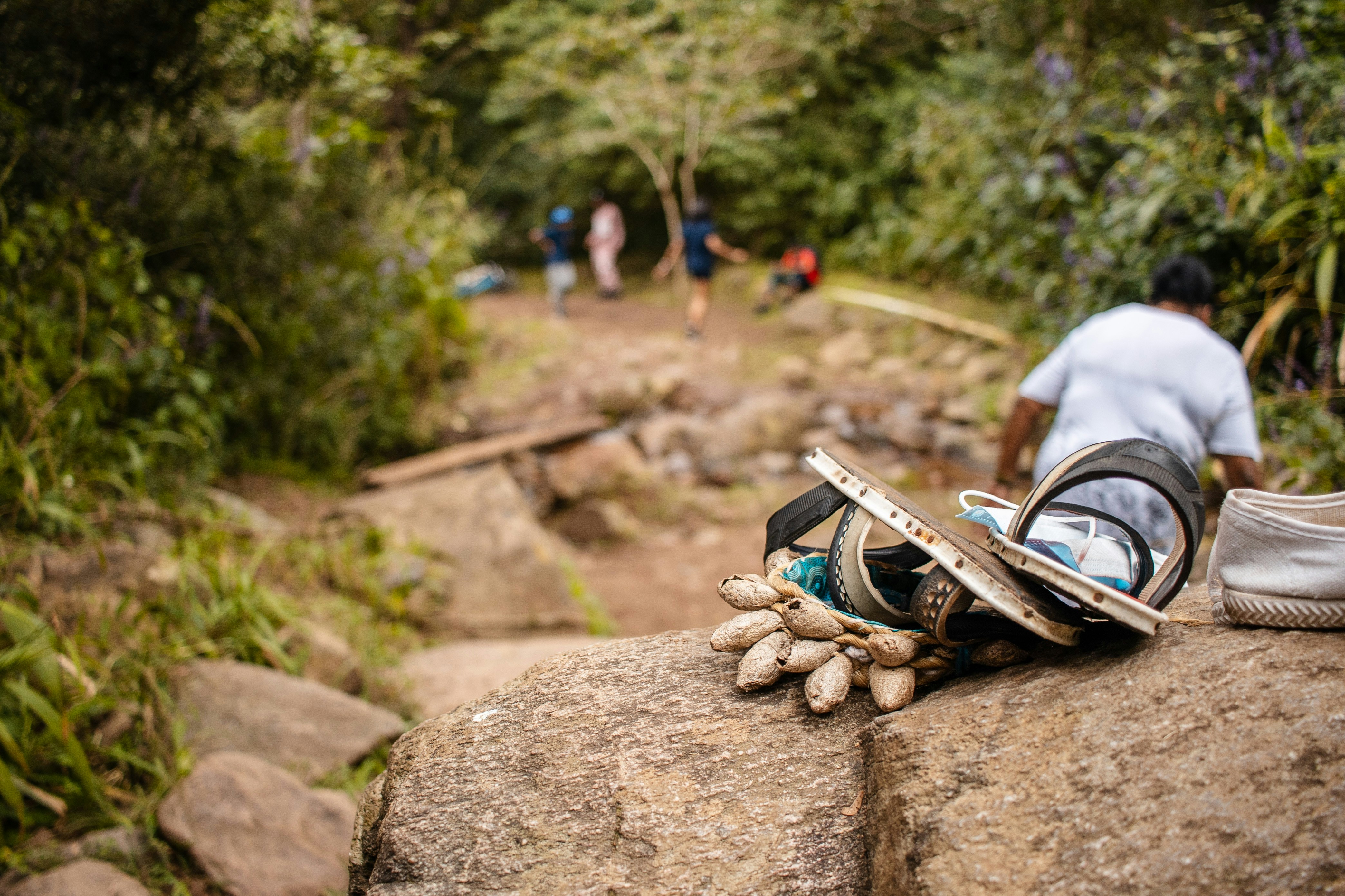 Hiking gear laid out including boots, rain jacket, and water bottles for tropical hiking