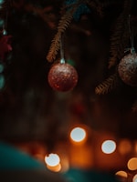 Close-up of festive ornaments and twinkling lights on a Christmas tree branch.