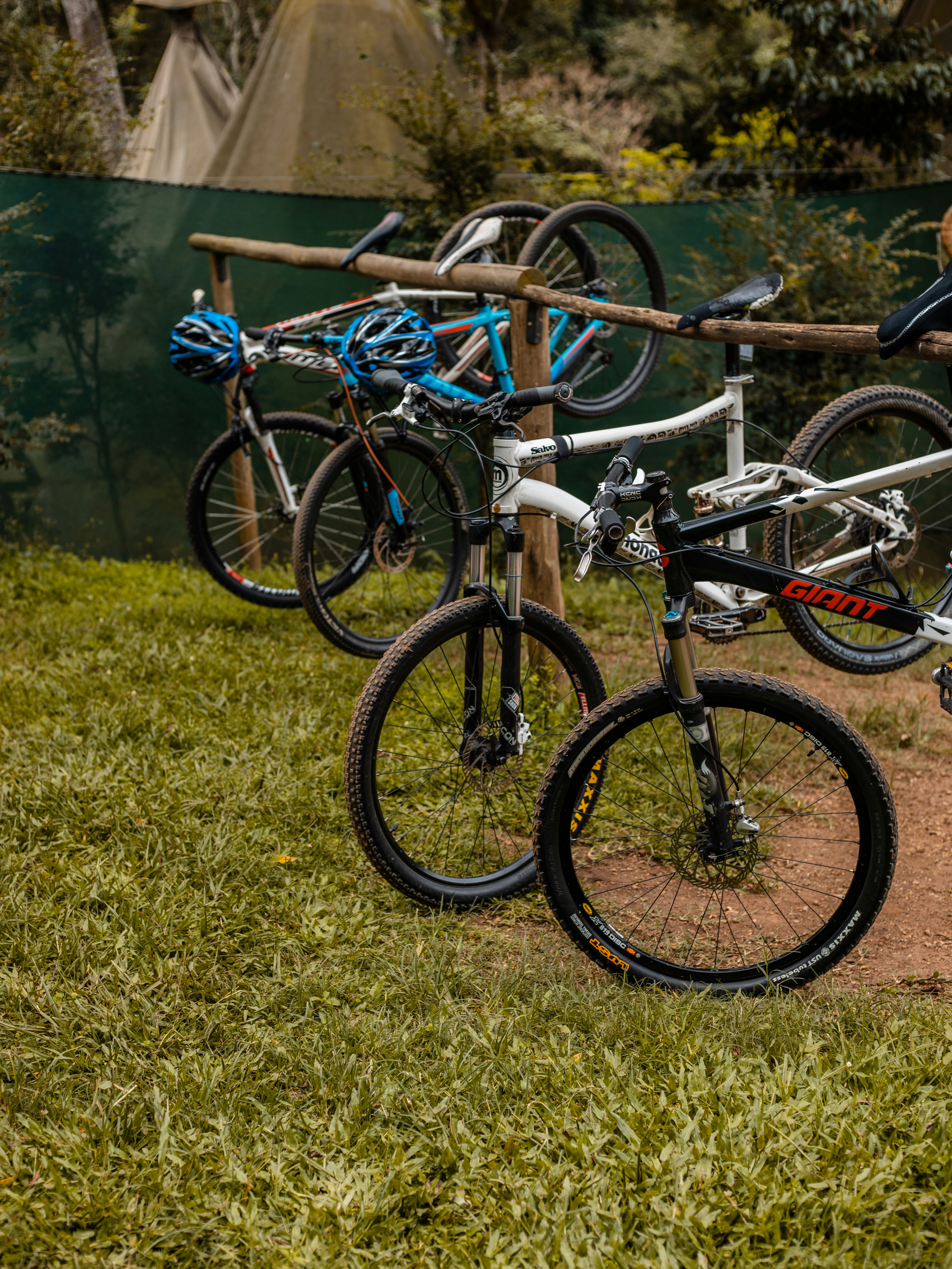 a group of bicycles parked on grass