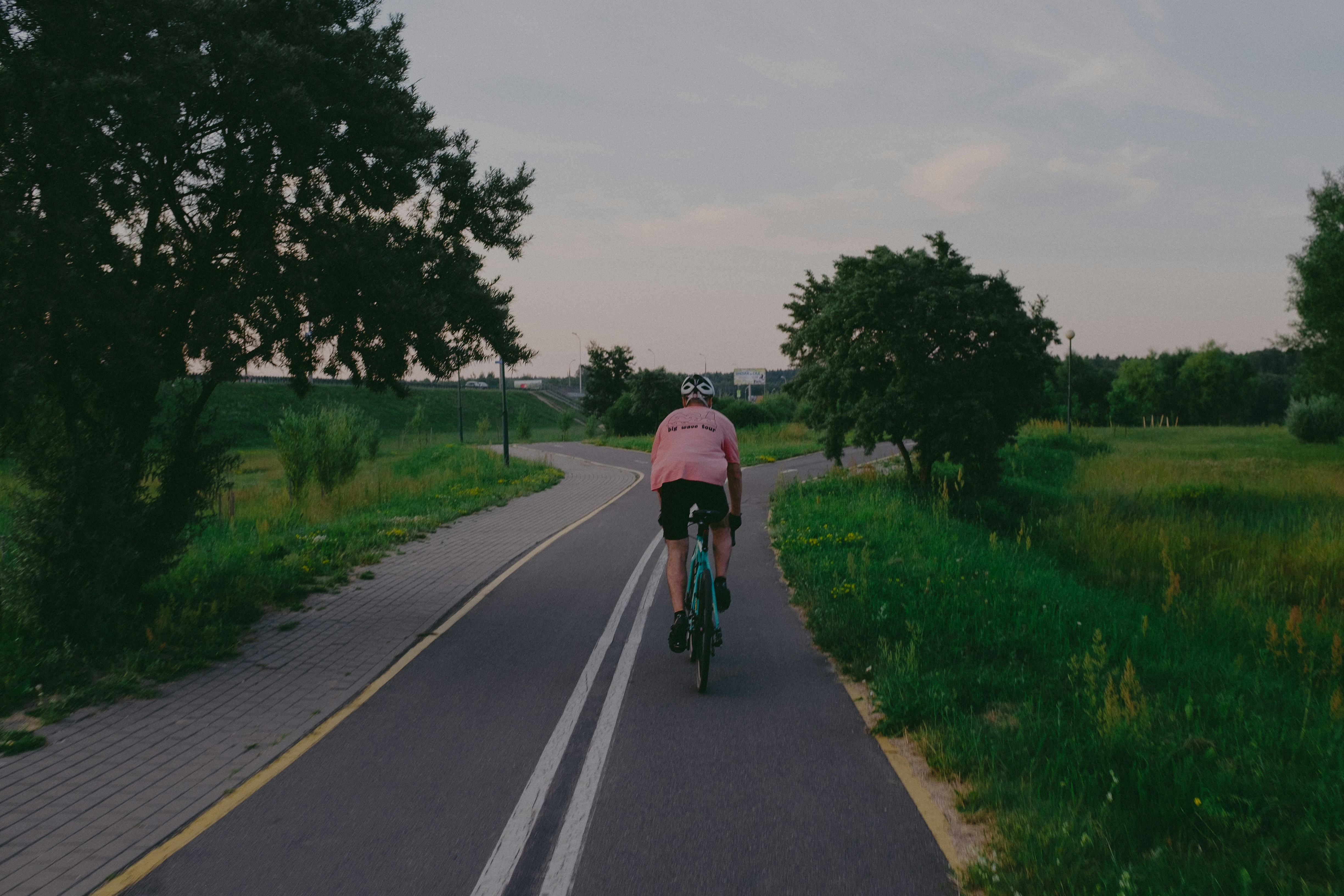 a person riding a bicycle on a road with trees on either side