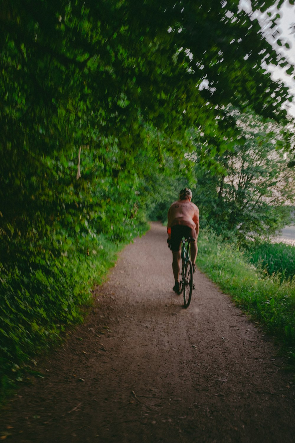 a person riding a bicycle on a dirt path surrounded by trees