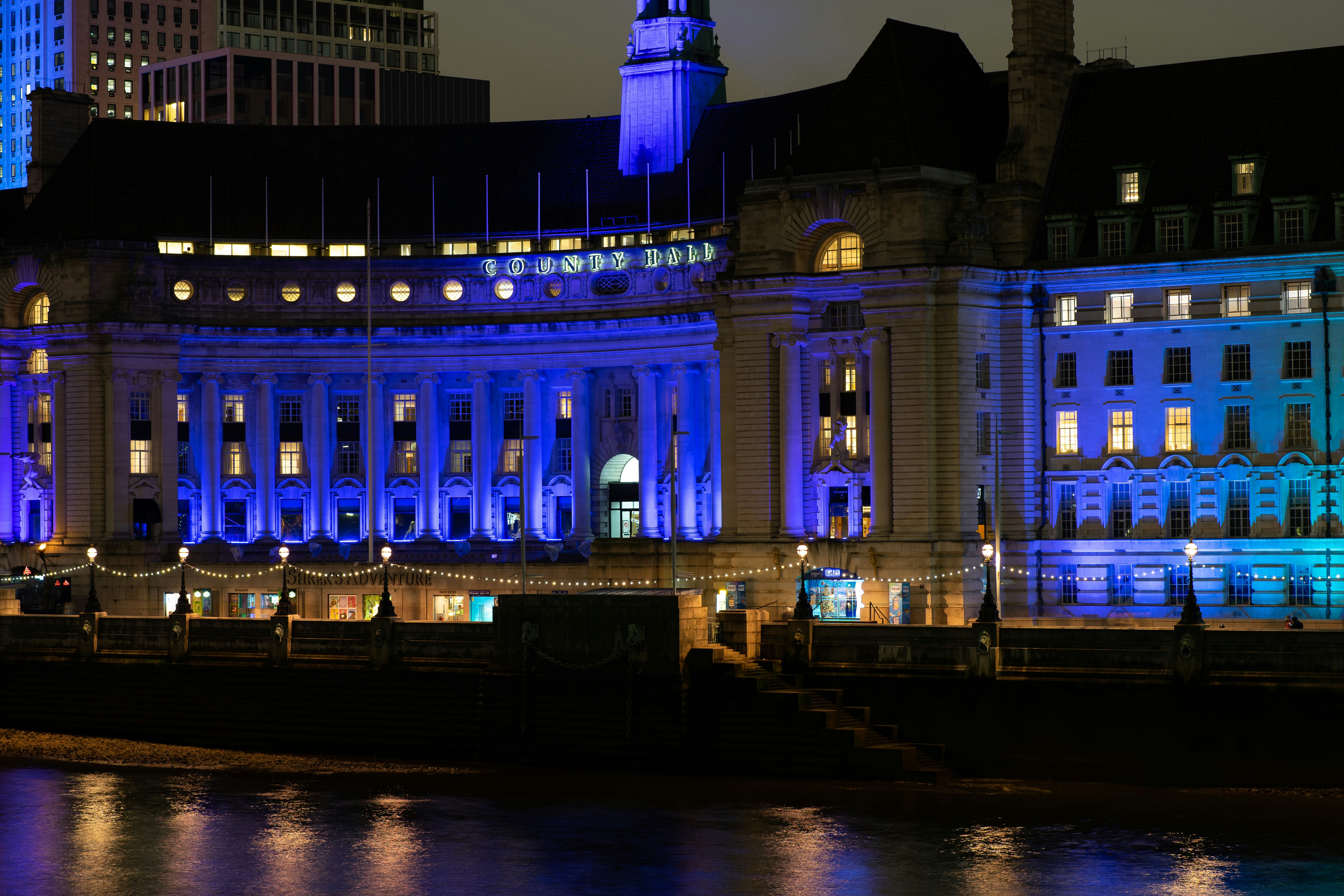a building with blue lights