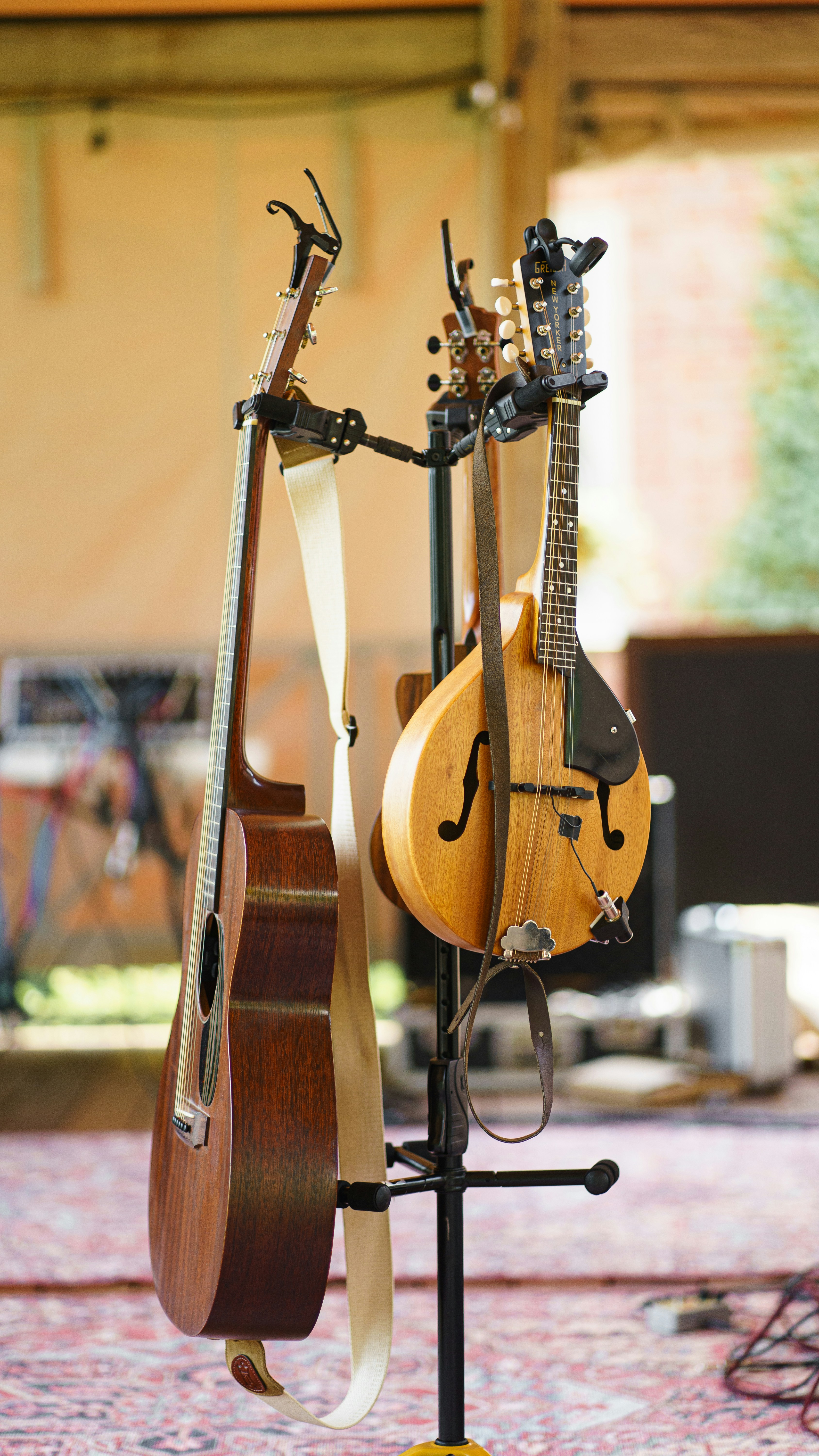 a couple of guitars on display