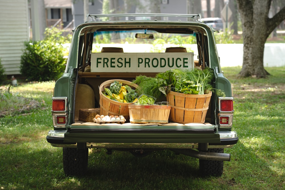 a van with a bunch of vegetables in the trunk