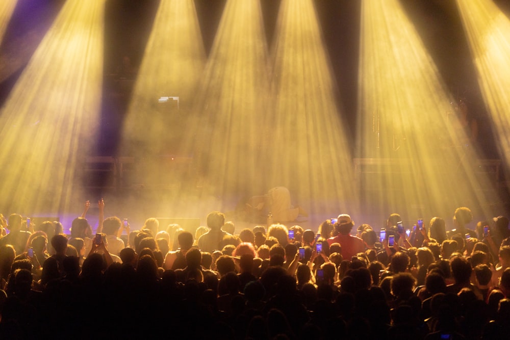 a crowd of people in front of a stage with lights