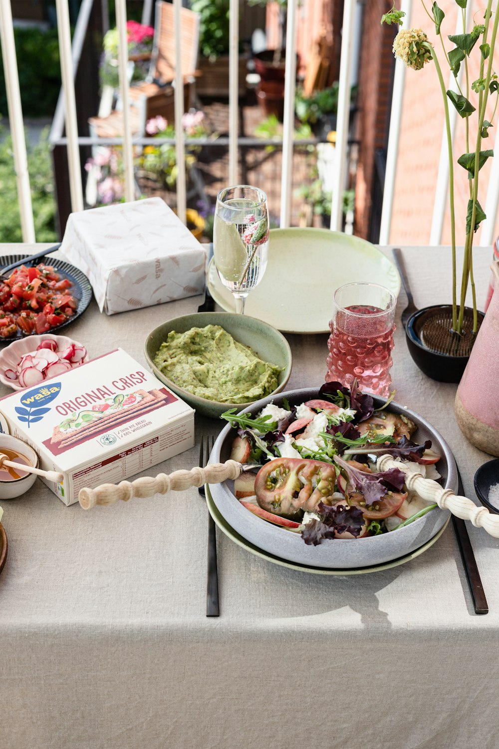 a table with food and glasses