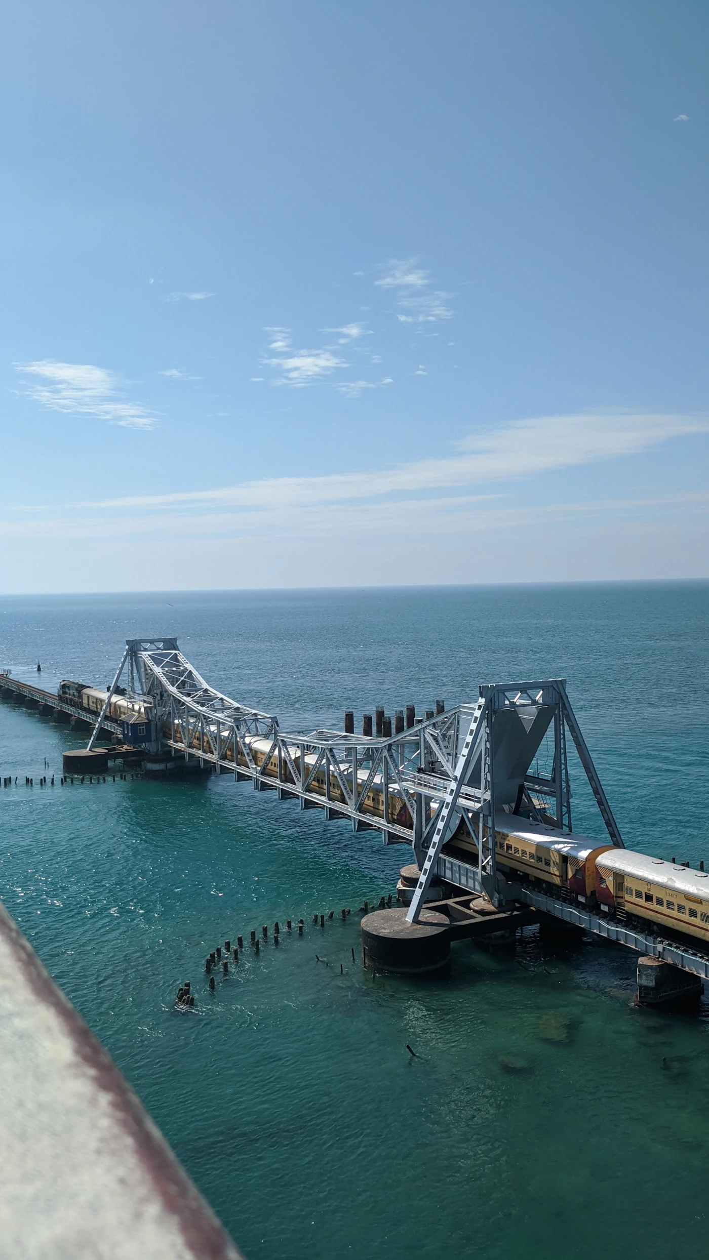 A train crossing the Pamban Bridge toward Rameshwaram