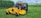 A yellow commercial lawn mower is parked on a well-maintained grassy field. In the background, there is a row of tall green corn plants and a metal guardrail separating the field from an industrial area. The sky is overcast with gray clouds.