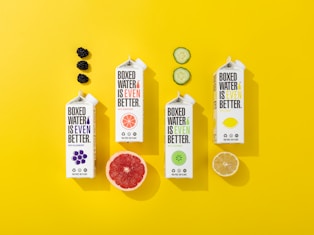 a yellow background with a few different foods