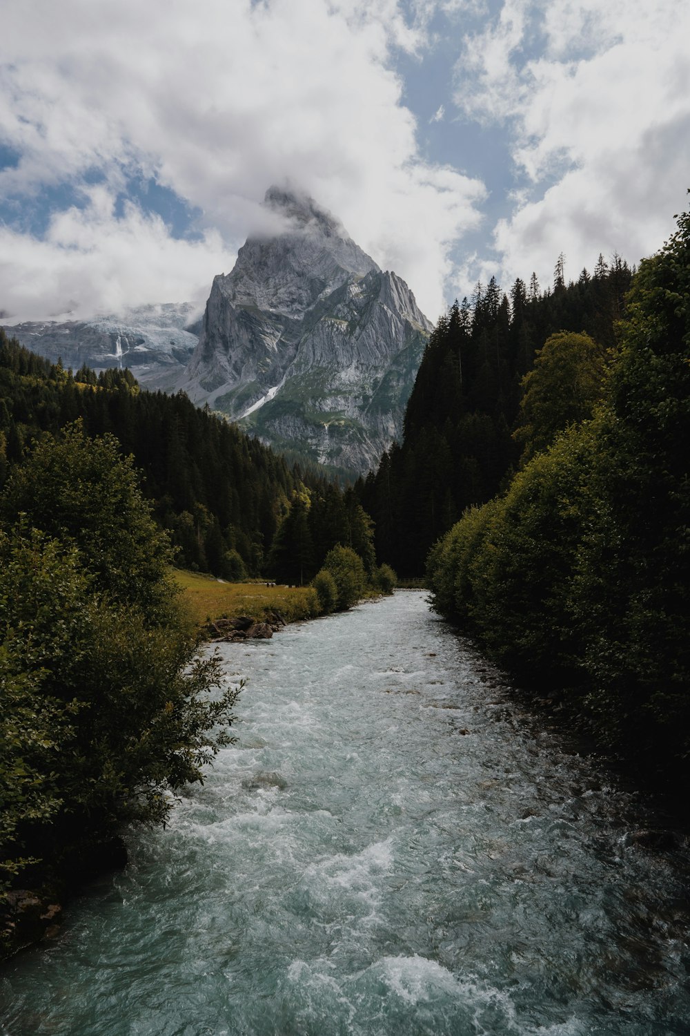 a river running through a valley with trees and mountains in the background