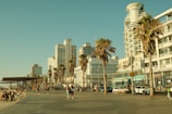 A coastal promenade lined with tall palm trees and modern high-rise buildings. People are walking, biking, and enjoying the sunny weather. The architecture of the buildings is contemporary, with some featuring balconies and glass façades. The scene is lively with tourists and locals alike, engaging in leisure activities amidst an urban setting by the beach.