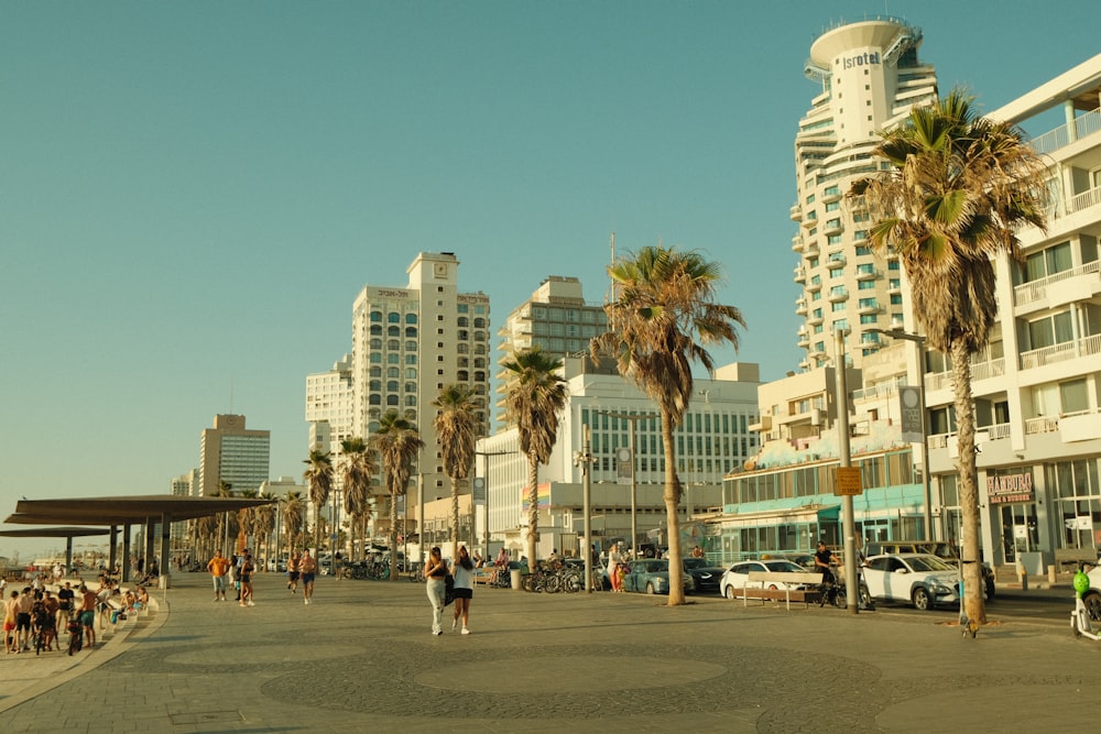 a group of people walking on a street with palm trees and buildings