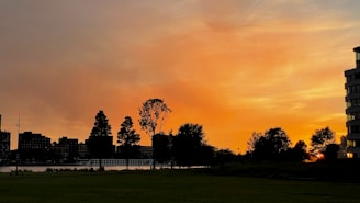A serene cityscape captured during sunset.