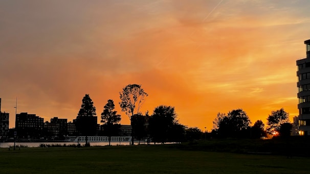 A serene cityscape captured during sunset.