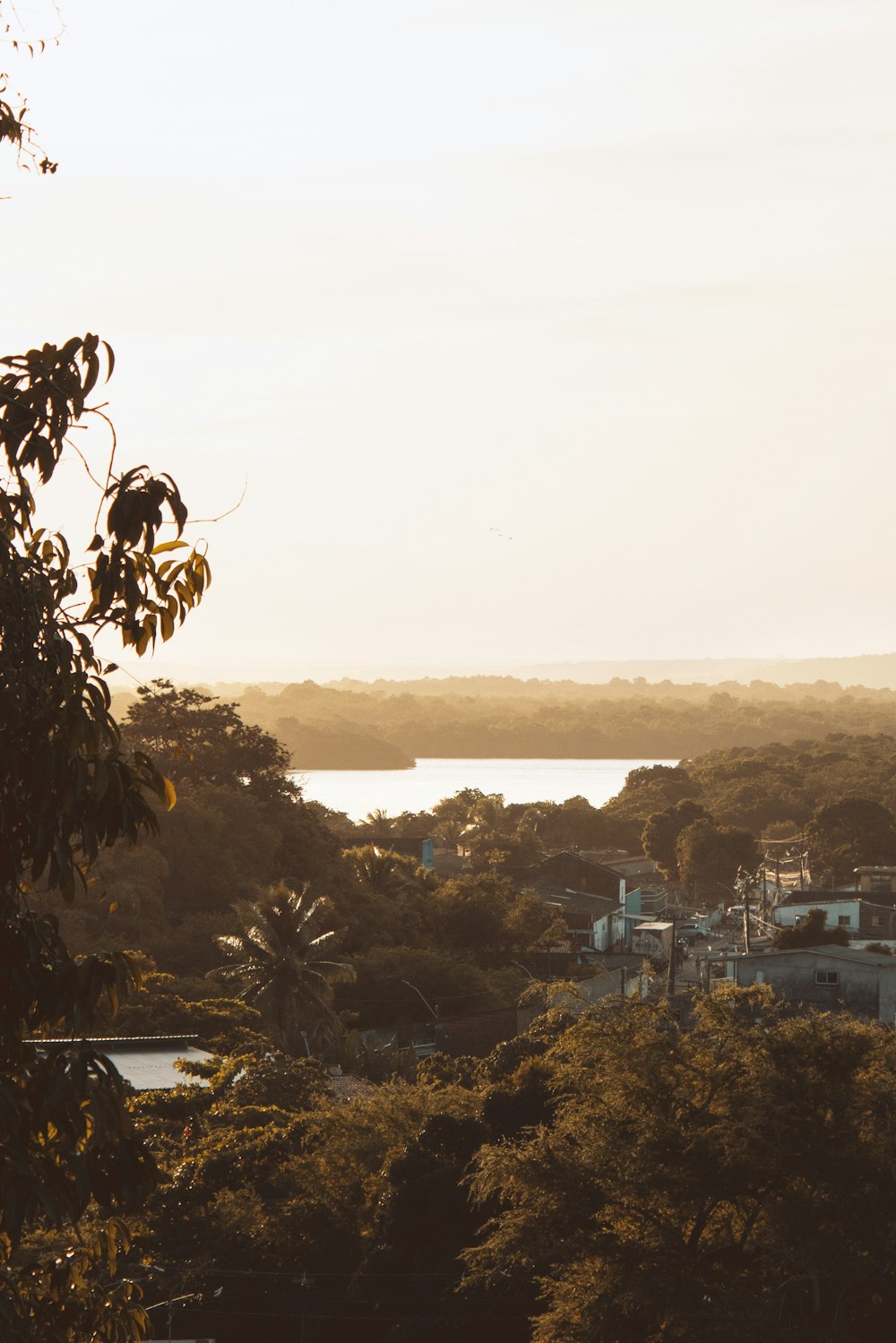 a city with a body of water in the background