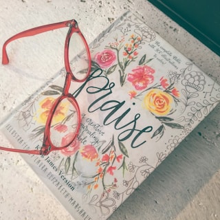 A white book with floral illustrations, prominently featuring pink, yellow, and orange flowers alongside the word 'praise' in cursive lettering. A pair of red reading glasses is placed on top of the book, which sits on a textured surface.