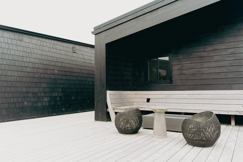 a bench next to a building