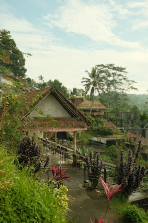 A lush tropical landscape features a series of thatched-roof structures nestled among vibrant greenery. The scene includes palm trees and various plants with red and green foliage, typical of a tropical environment. Narrow pathways and railings guide through the landscape, suggesting accessibility and exploration.