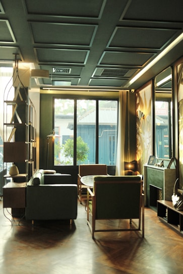 A cozy, well-decorated room with soft lighting and modern furnishings.