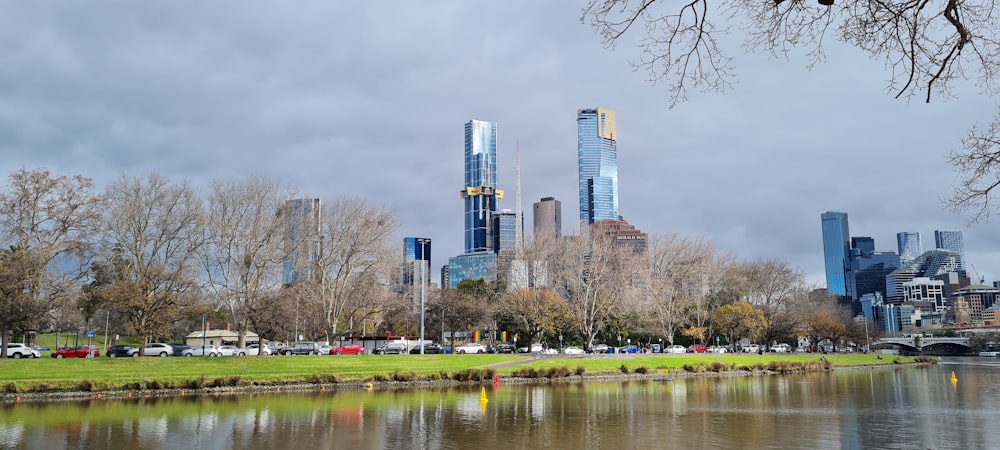 a body of water with trees and buildings in the background