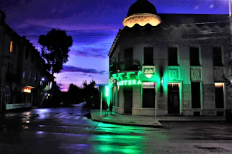 A quiet street scene in Columbia with retro neon signs glowing at dusk.