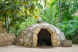 a rock structure with a hole in it surrounded by trees