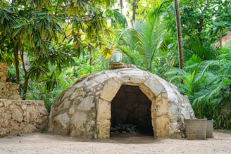 a rock structure with a hole in it surrounded by trees