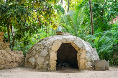 a rock structure with a hole in it surrounded by trees