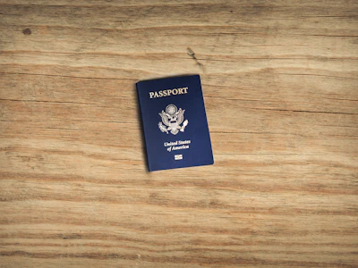 a blue box on a wood surface