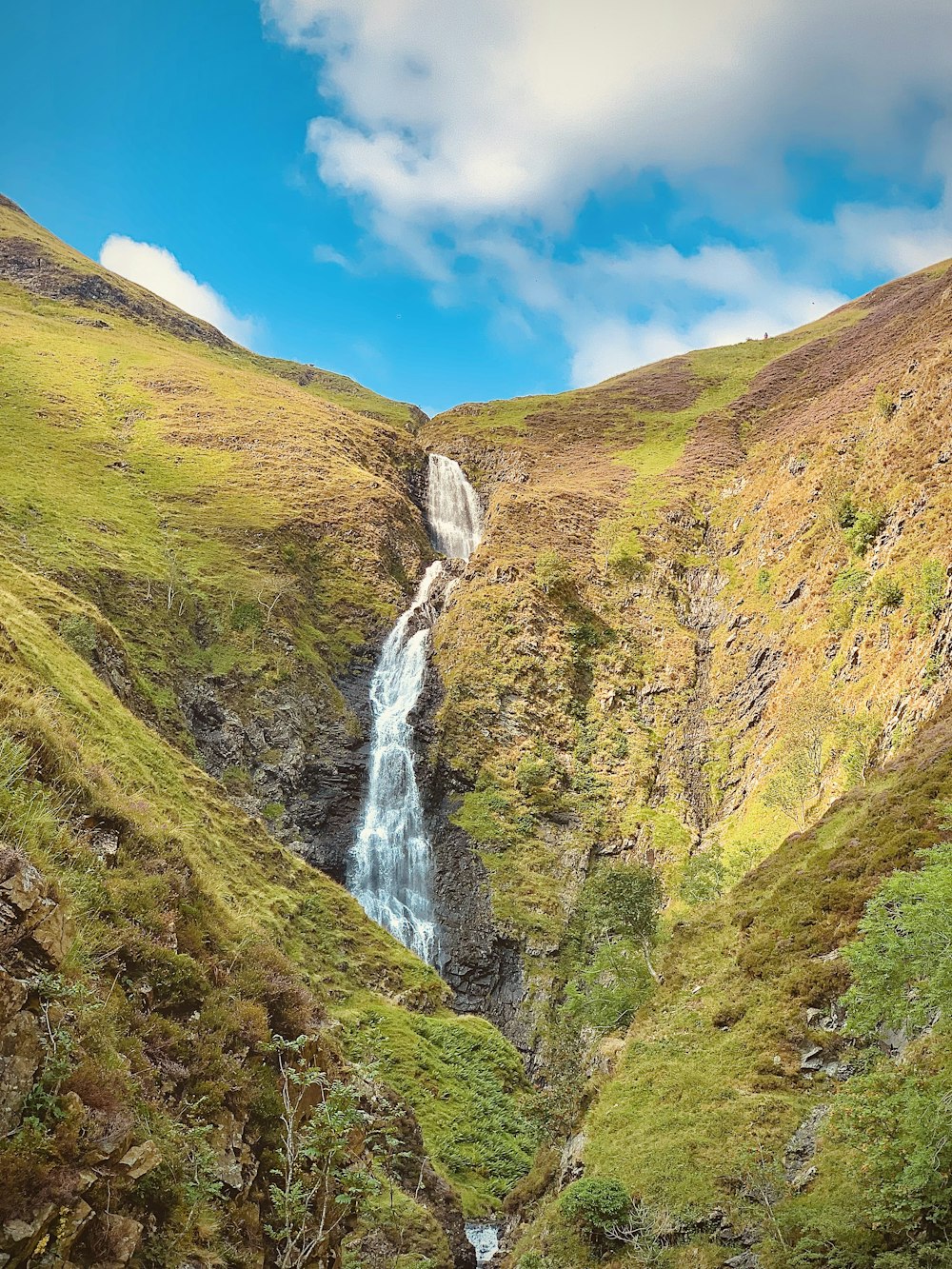 a waterfall in a valley