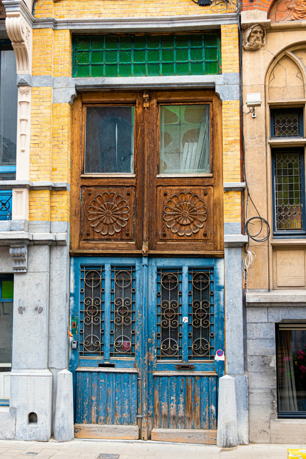 a blue door with a window