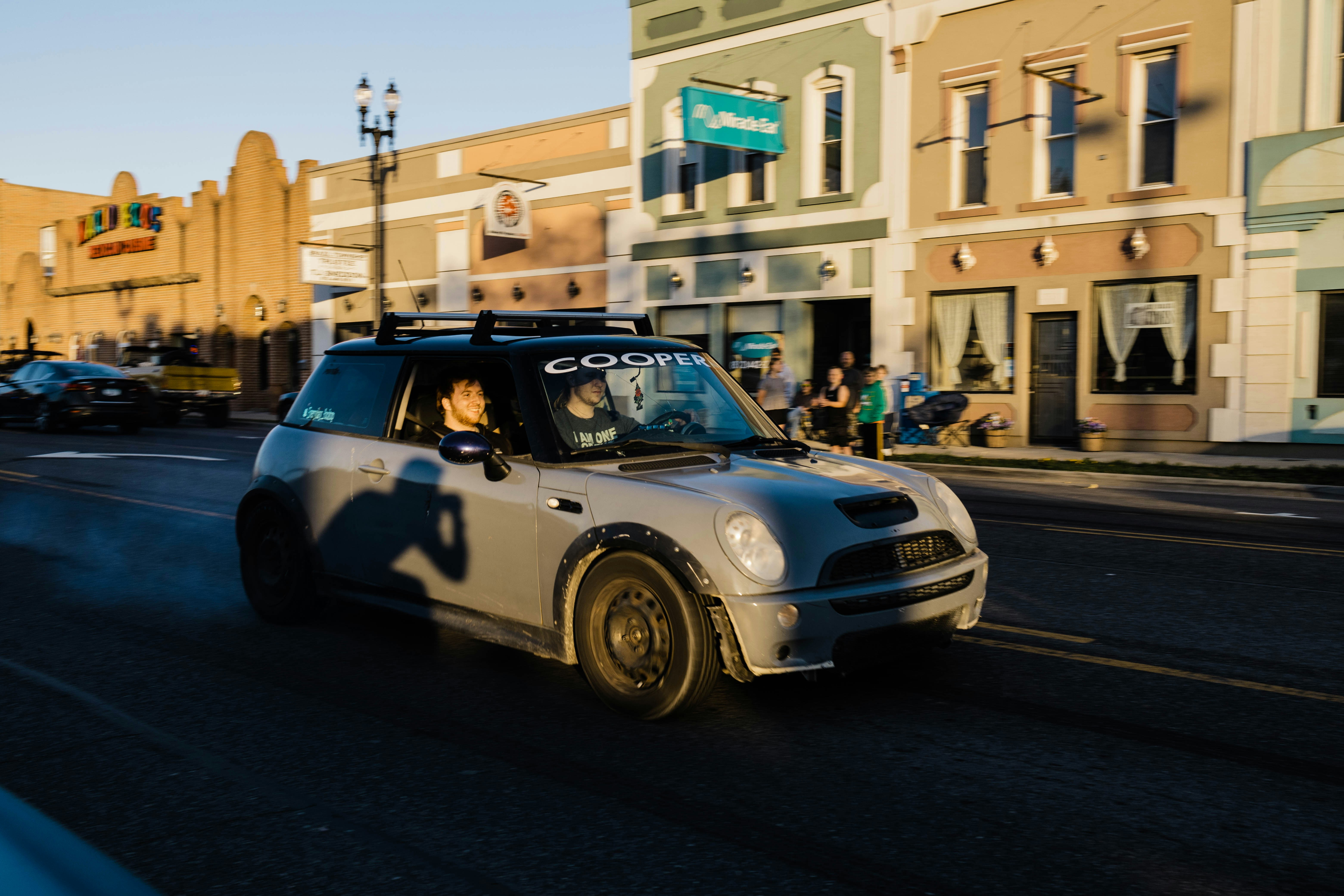a car driving down a street