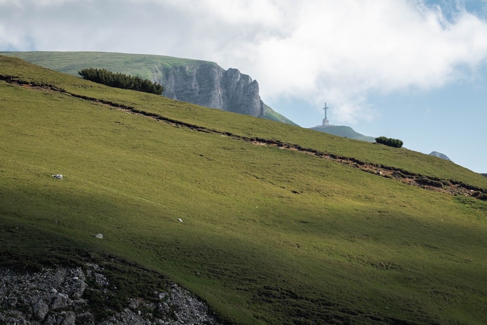 a grassy hill with a tower in the distance