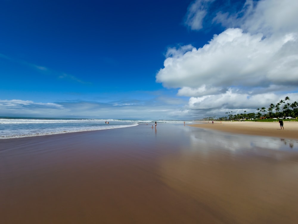 a sandy beach with people walking on it