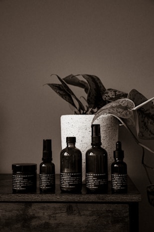 Softly lit apothecary shelf showcasing just plantae products with muted olive tones and charcoal labels.