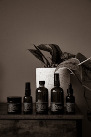 A collection of dark glass bottles and jars of various sizes is neatly arranged on a wooden surface. Behind them, a large white speckled pot holds a leafy plant with elongated, dark leaves. The image has a muted, sepia tone.