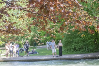 A community gathering in a park, sharing stories and reflections inspired by nature.