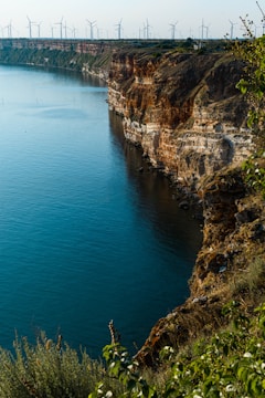 A stunning coastline with steep, rugged cliffs descending into a vast body of deep blue water. At the top of the cliffs, numerous wind turbines stretch across the horizon, harnessing wind energy. Vegetation and foliage are visible in the foreground, adding a touch of greenery.