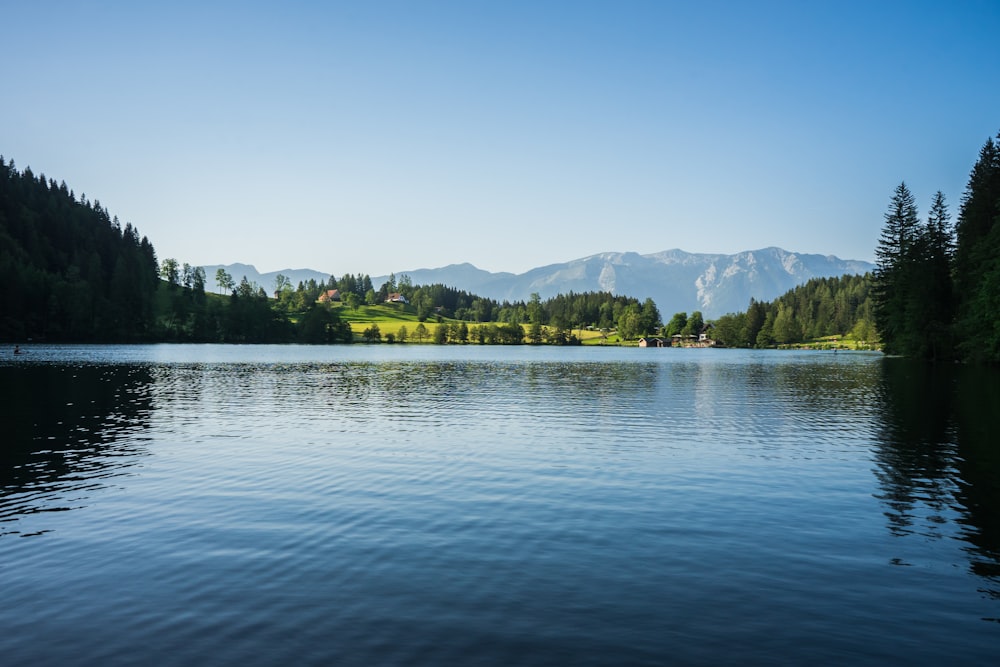 a lake surrounded by trees and mountains